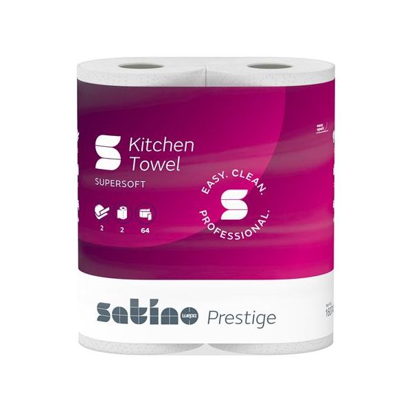 Papierové utierky, dvojvrstvové, 2 kotúče, 64 listov, "Satino Prestige", biele