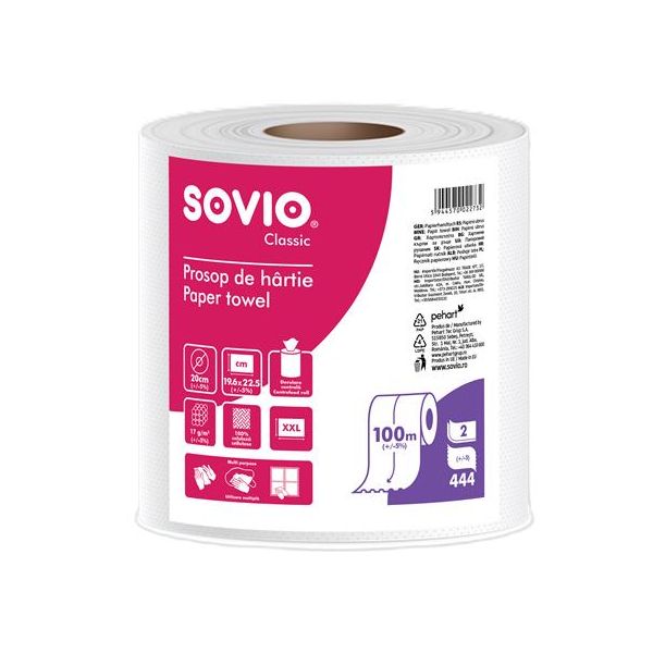 Papierové utierky, 100 % celulóza, rolka, 100 m, priemer 20 cm, 2-vrstvové, SOVIO