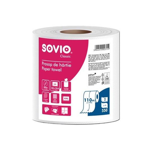 Papierové utierky, 100 % celulóza, v rolke, 110 m, priemer 20 cm, 2-vrstvové, SOVIO