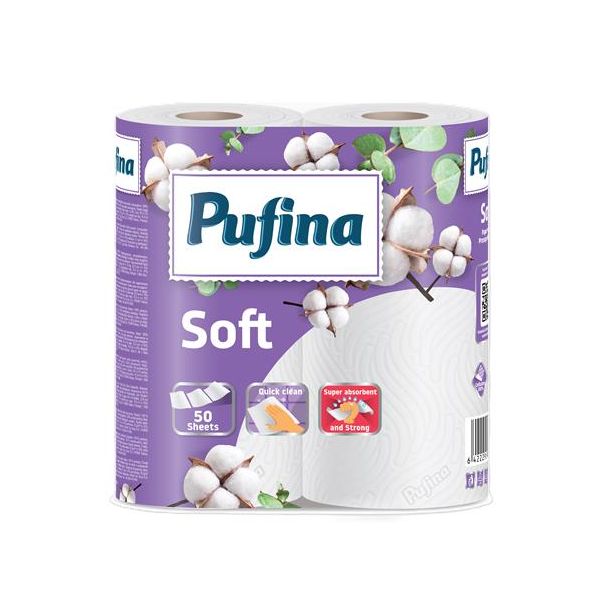 Papierové utierky, 2-vrstvové, 50 listov, 2 kotúče, PUFINA "Soft"