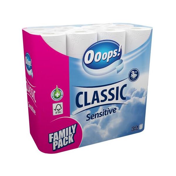 Toaletný papier, 3-vrstvový, malý kotúč, 32 kotúčov, OOOPS "Classic", sensitive