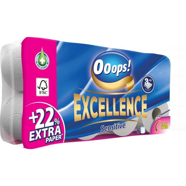 Toaletný papier, 3-vrstvový, malý kotúč, 8 kotúčový, OOOPS "Excellence"