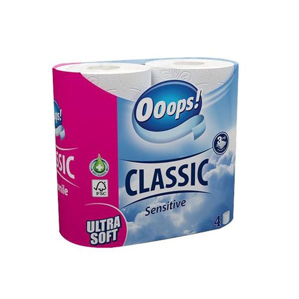 Toaletný papier, 3-vrstvový, malý kotúč, 4 kotúče, OOOPS "Classic", sensitive