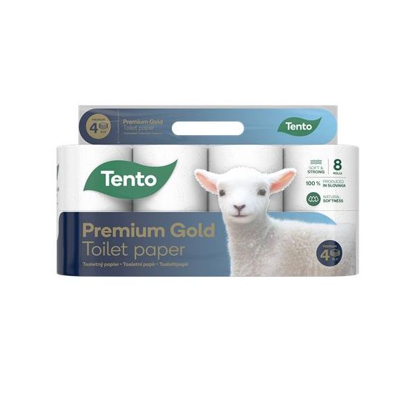 Toaletný papier, 4-vrstvový, malý kotúč, 8 kotúčov, TENTO "Premium Gold", biela