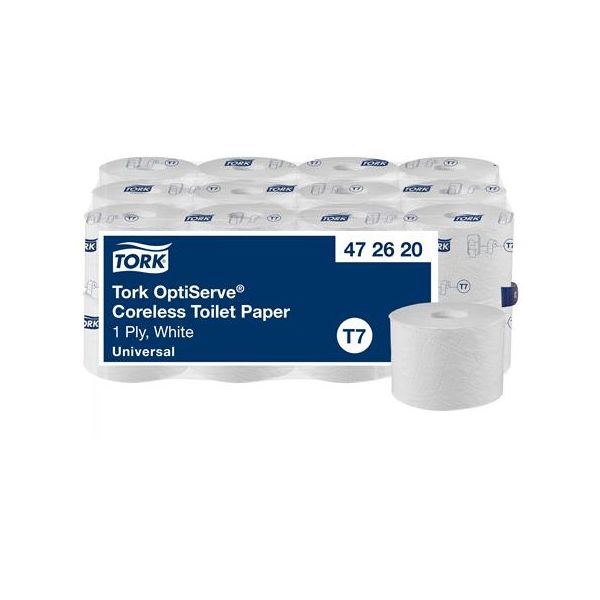 Toaletný papier, bezdutinkový, T7 systém, 1-vrstvový, priemer 13,1 cm, Universal, TORK "OptiServe", biela