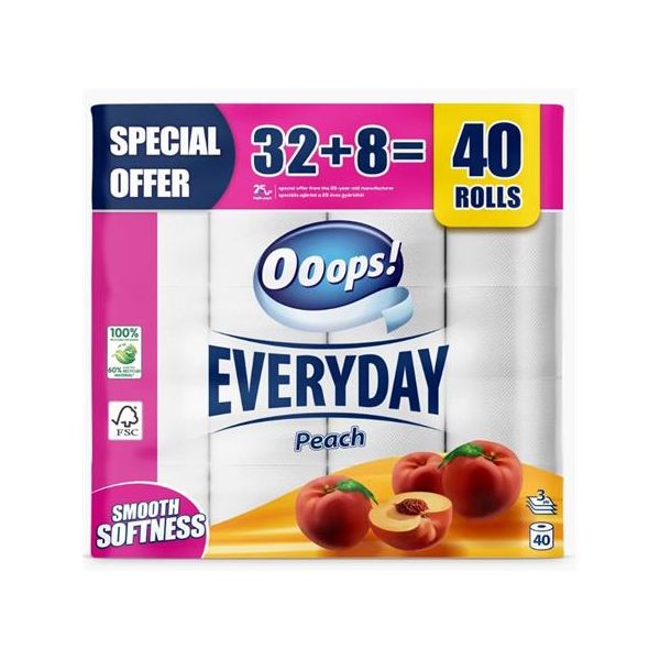 Toaletný papier, 3-vrstvový, malý kotúč, 32+8 kotúčov, OOOPS "Everyday", broskyňa