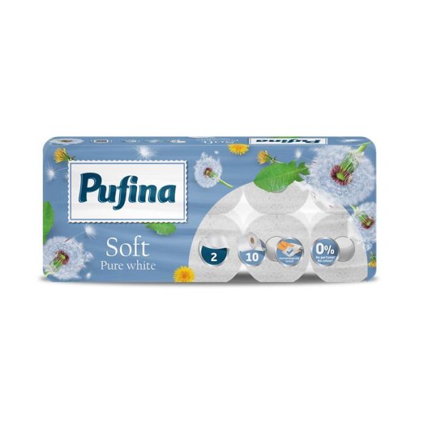 Toaletný papier, 2-vrstvový, malý kotúč, 10 kotúčov, PUFINA "Soft White", bez vône