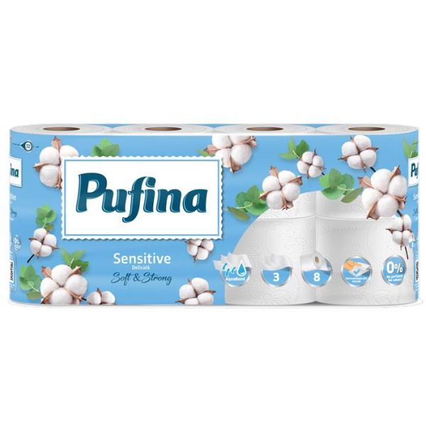 Toaletný papier, 3 vrstvový, malá rolka, 8 roliek, PUFINA "Sensitive Aquabond", bez vône