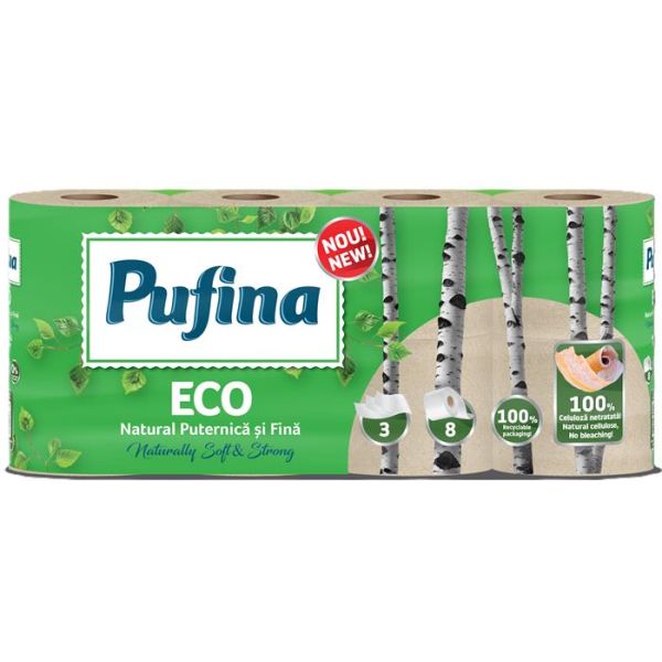 Toaletný papier, 3-vrstvový, malý kotúč, 8 kotúčov, PUFINA "Eco", nebielený a bez chemikálií