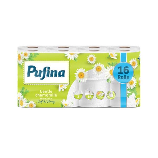 Toaletný papier, 3-vrstvový, malý kotúč, 16 kotúčov, PUFINA "Chamomile", s vôňou harmančeka