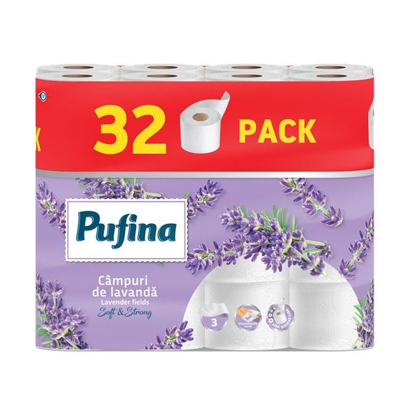 Toaletný papier, 3-vrstvový, malý kotúč, 32 kotúčov, PUFINA "Lavender Fields", s vôňou levandule