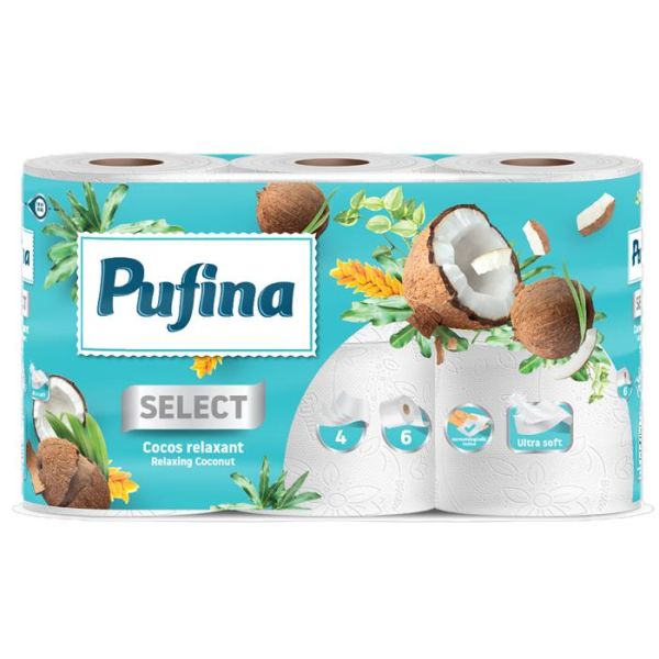 Toaletný papier, 4 vrstvový, malé rolky, 6 roliek, PUFINA "Relaxing Coconut", s kokosovou vôňou