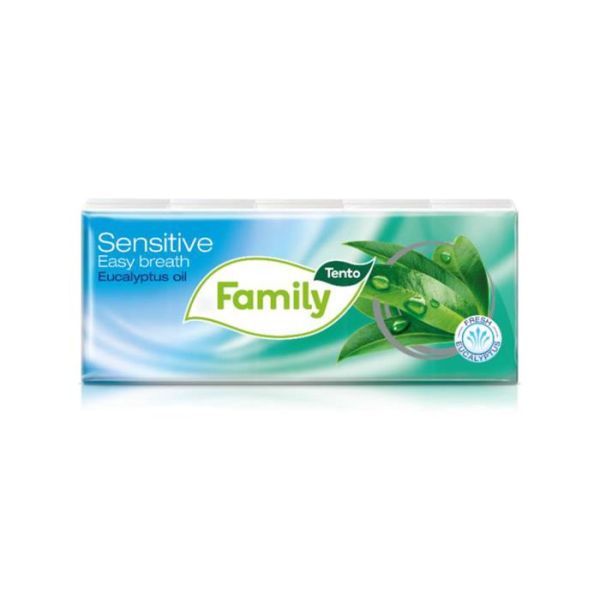 Papierové vreckovky, 3-vrstvové, 10x10 ks, TENTO "Family", eukalyptový olej