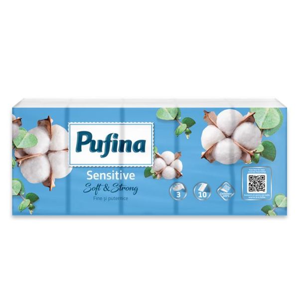 Papierové vreckovky, 3-vrstvové, 10×10 ks, PUFINA "Sensitive"