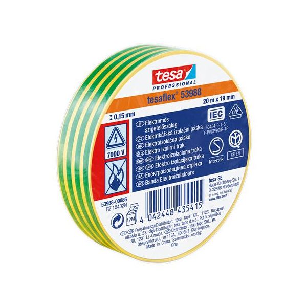 Izolačná páska, 19 mm x 20 m, TESA "Professional", zelená-žltá