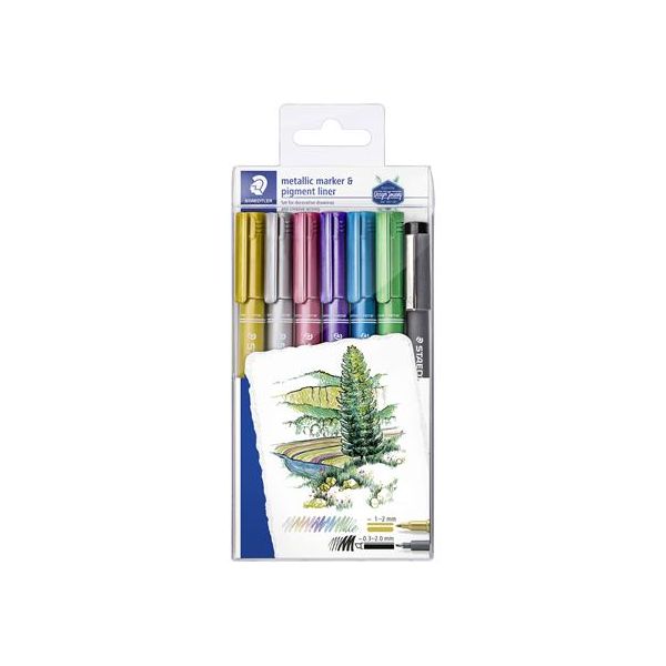Dekoračný popisovač, 1-2 mm, kužeľový hrot, STAEDTLER "8323", 6 rôznych kovových farieb, darček: čierne tušové pero