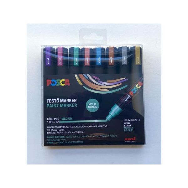Dekoračný popisovač, 1,8-2,5 mm, UNI "Posca PC-5M", 8 rôznych kovových farieb