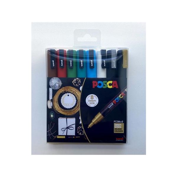 Dekoračný popisovač, sada, 0,9-1,3 mm, UNI "Posca PC-3M Holiday", 8 rôznych farieb