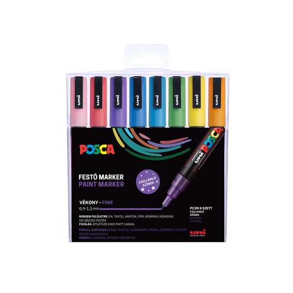 Dekoračný popisovač, sada, 0,9-1,3 mm, UNI "Posca PC-3ML", 8 rôznych trblietavých farieb
