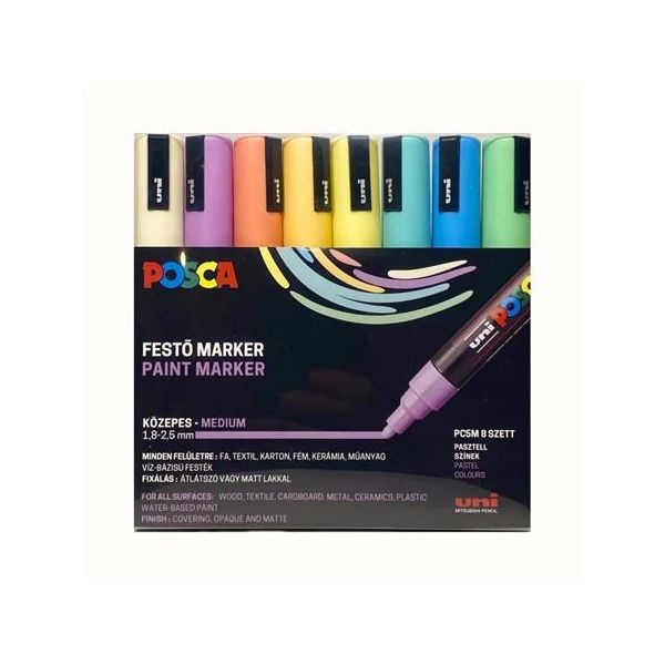 Dekoračný popisovač, sada, 1,8-2,5 mm, UNI "Posca PC-5M", 8 rôznych pastelových farieb