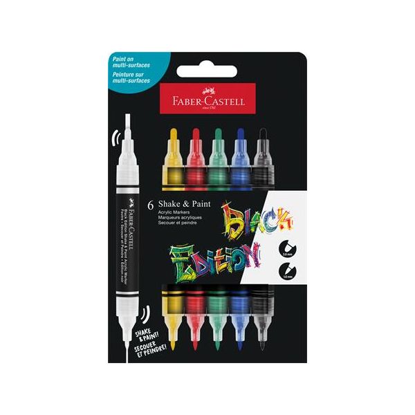 Dekoračný popisovač, sada, 1,0/3,0 mm, obojstranný, akrylový, FABER-CASTELL "Shake&Paint", 6 rôznych farieb