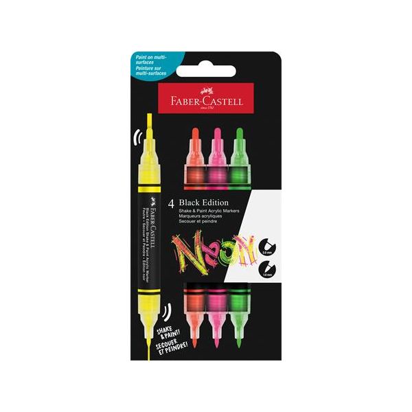 Dekoračný popisovač, sada, 1,0/3,0 mm, obojstranný, akrylový, FABER-CASTELL "Shake&Paint", 4 rôzne neónové farby