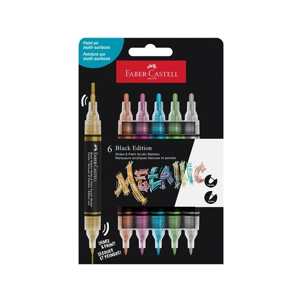 Dekoračný popisovač, sada, 1,0/3,0 mm, obojstranný, akrylový, FABER-CASTELL "Shake&Paint", 6 rôznych kovových farieb