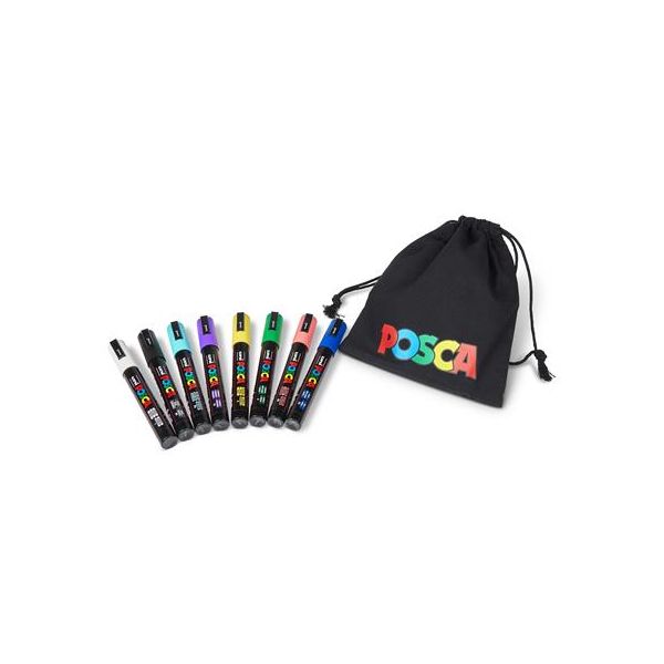Dekoračný popisovač, sada, 1,8-2,5 mm, UNI "Posca Pouch PC-5M", 8 rôznych farieb, v puzdre