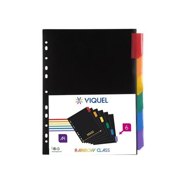 Rozraďovač, plastový, A4 Maxi, 6 x uško, VIQUEL, čierny