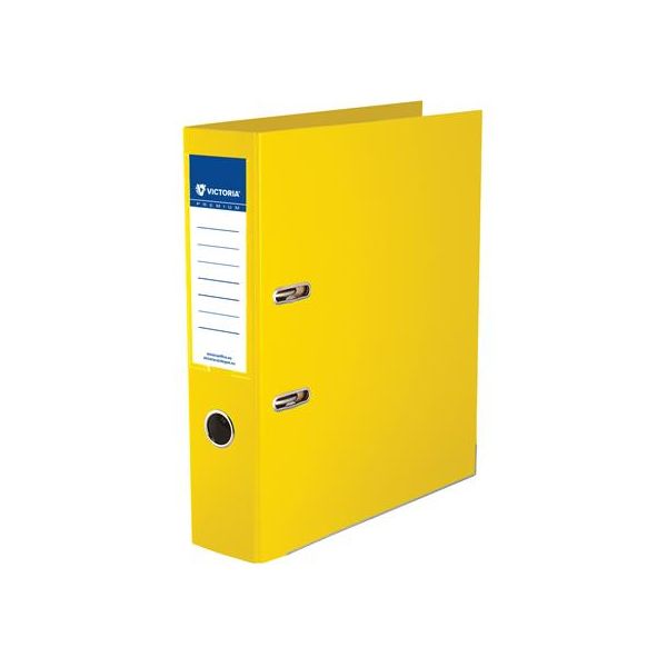 Pákový šanón, 75 mm, A4, PP/PP, s ochranným spodným kovaním, VICTORIA OFFICE „Premium“, žltý