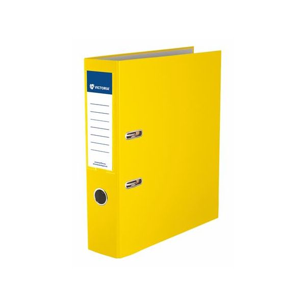 Pákový šanón, 75 mm, A4, PP/kartón, s ochranným spodným kovaním, VICTORIA OFFICE  "Basic, žltý