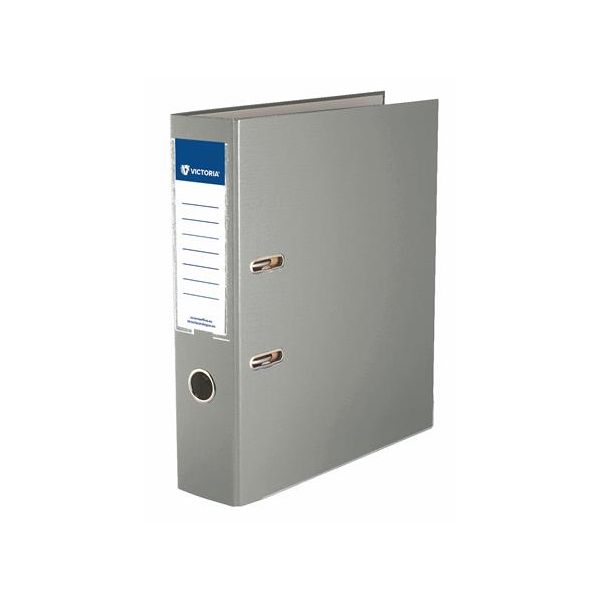 Pákový šanón, 75 mm, A4, PP/kartón, s ochranným spodným kovaním, VICTORIA OFFICE, "Basic", sivý