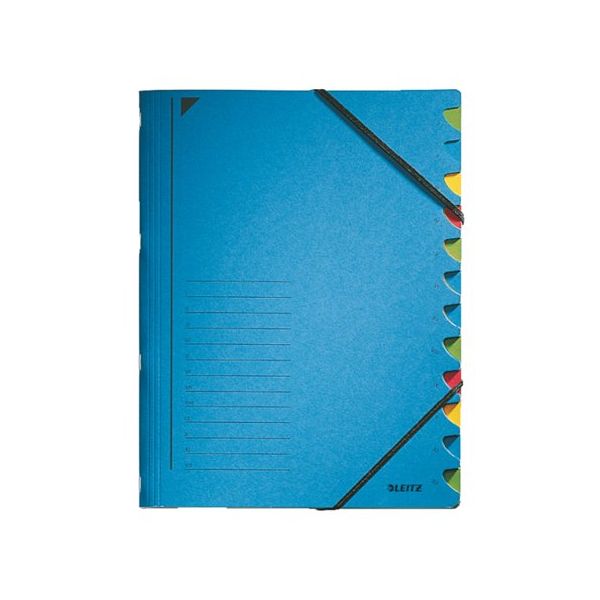 Doska s gumičkou, kartón, A4, s registrom, 12 častí, LEITZ, modrá