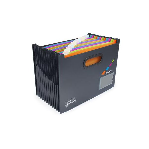 Harmonikový box na dokumenty, A4, PP, 13 priehradiek, antibakteriálny, RAPESCO "SupaFile", čierny