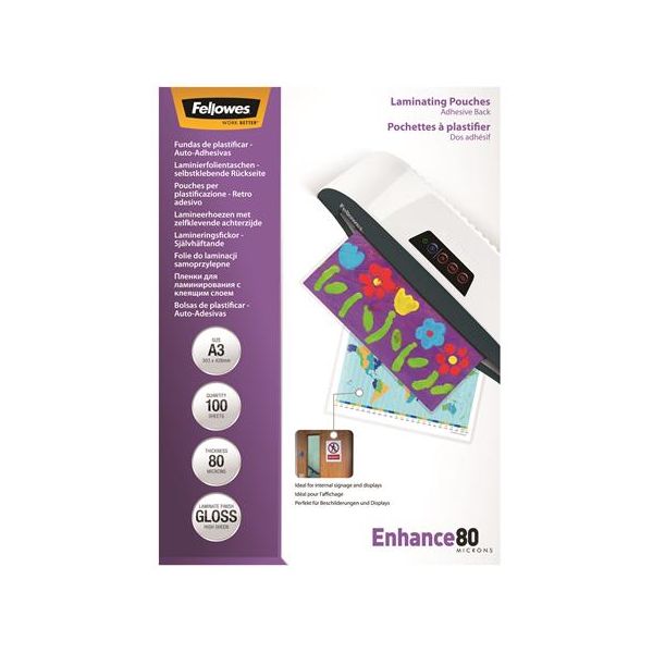 Laminovacia fólia, 80 mikr., A3, lesklá, samolepiaca, 100 ks, FELLOWES