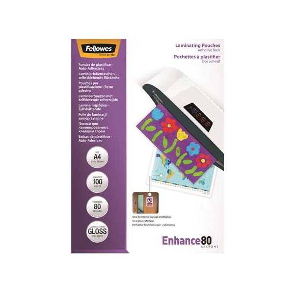 Laminovacia fólia, 80 mikr., A4, lesklá, samolepiaca, 100 ks, FELLOWES