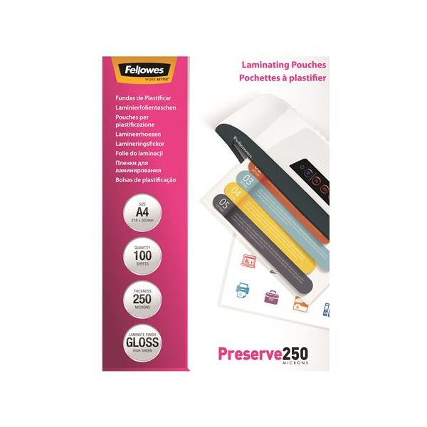 Laminovacia fólia, 250 mikr., A4, lesklá, 100 ks, FELLOWES