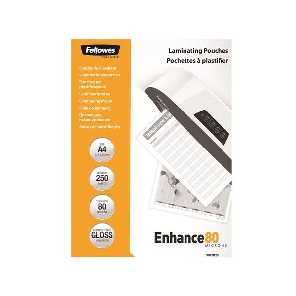 Laminovacia fólia, 80 mikr., A4, lesklá, 250 ks, FELLOWES