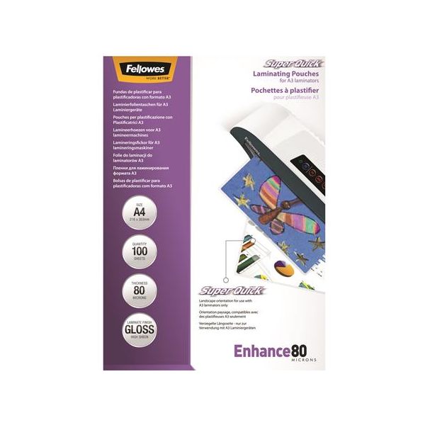 Laminovacia fólia, 80 mikr., A4, SuperQuick, lesklá, 100 ks, FELLOWES