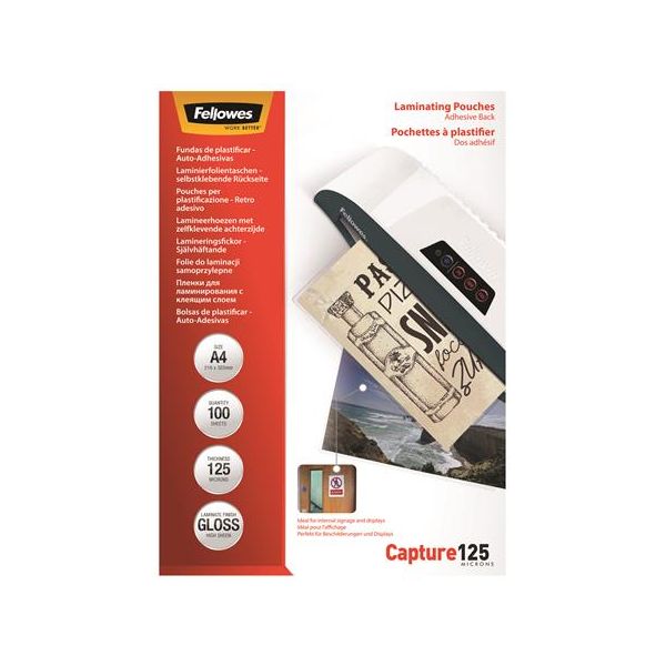 Laminovacia fólia, 125 mikr., A4, lesklá, samolepiaca, 100 ks, FELLOWES