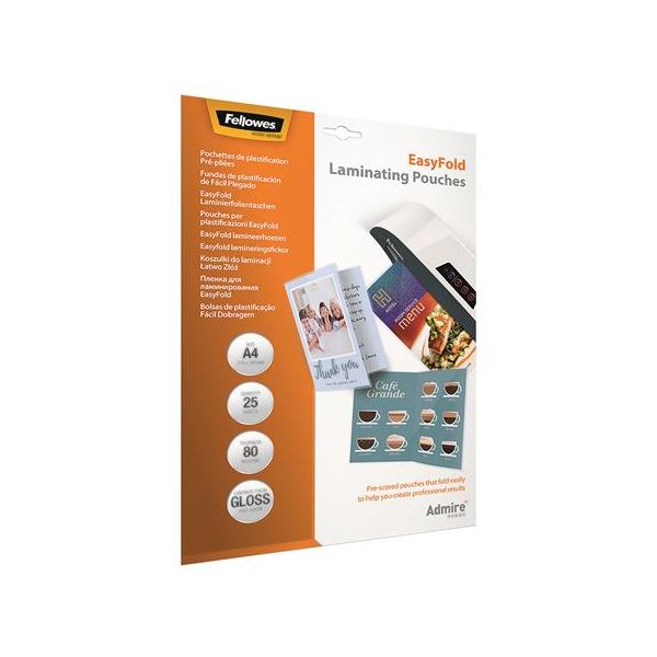 Laminovacia fólia, za tepla, 80 mikr., A4, lesklá, 25 ks, FELLOWES "Admire Easyfold"