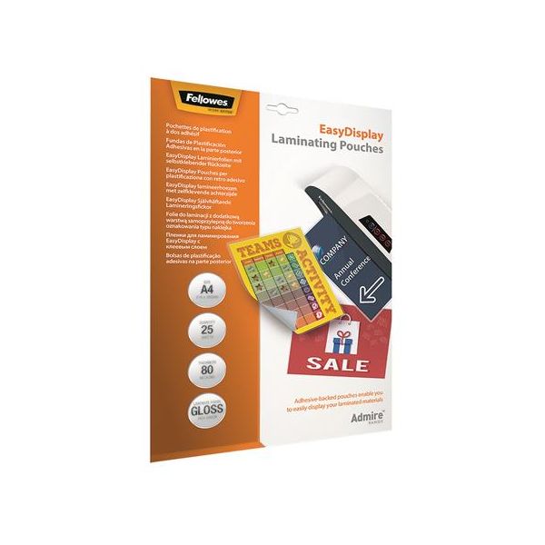 Laminovacia fólia, za tepla, 80 mikr., A4, lesklá, samolepiaca, 25 ks, FELLOWES "Admire Easy Display"