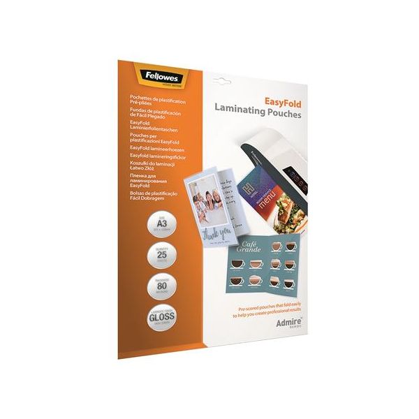 Laminovacia fólia za tepla, 80 mikr., A3, lesklá, skladaná, 25 ks, FELLOWES "Admire Easyfold"