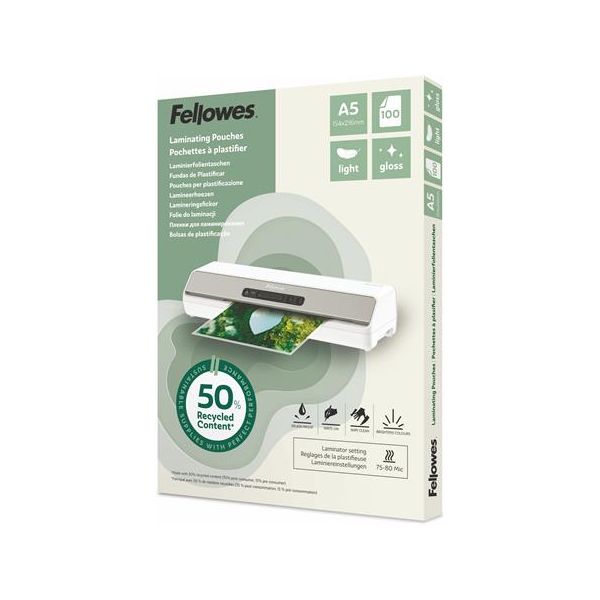 Laminovacia fólia, 80 mikr., A5, lesklá, 100 ks, FELLOWES "Light"