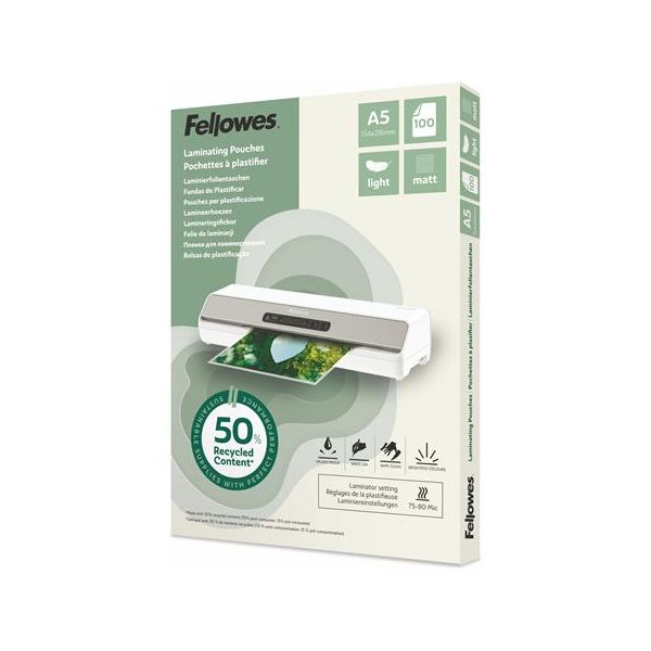 Laminovacia fólia, 80 mikr., A5, matná, 100 ks, FELLOWES "Light"