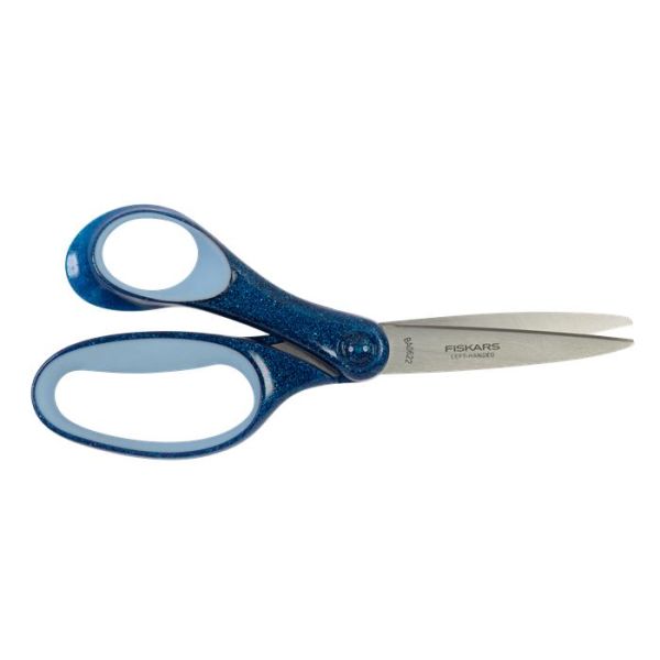 Nožnice, školské, 18 cm, pre ľavákov, FISKARS, trblietavé modré