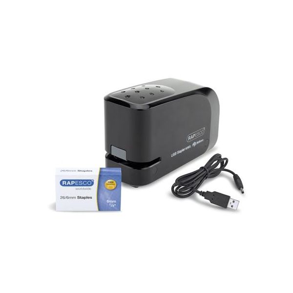 Zošívačka, 26/6, 15 listov, elektrická, s USB nabíjačkou, RAPESCO "626EL", čierna