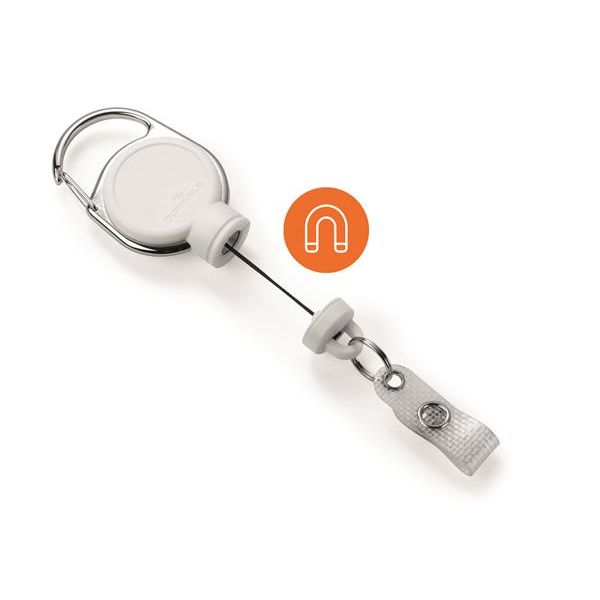 Klip s navíjacou šnúrou a karabínou, DURABLE "Extra strong", biela