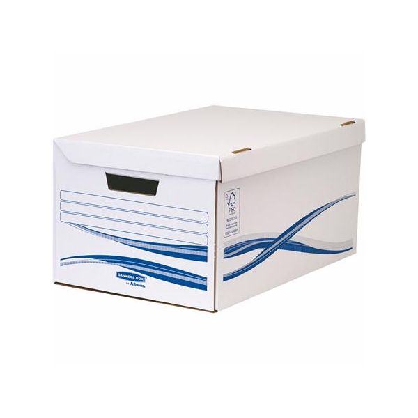 Archivačný kontajner, s výklopným vekom, kartón, veľký, FELLOWES "Bankers Box Basic", modrá-biela, 5ks