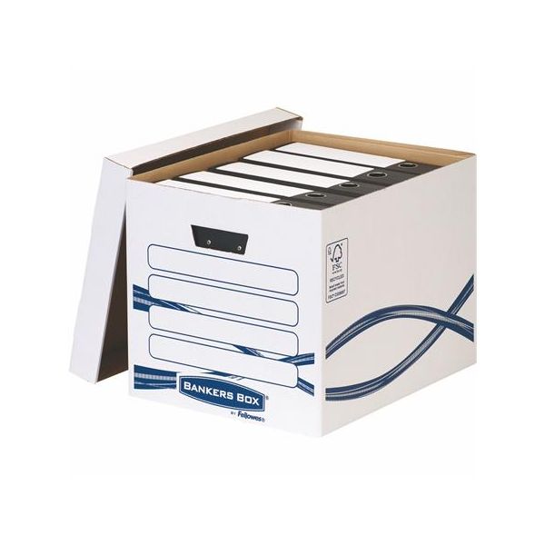 Archivačný kontajner, kartón, FELLOWES, "Bankers Box Basic Tall", modrá-biela